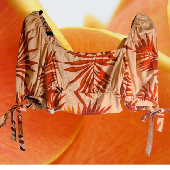 Forever 21 Sm short sleeve orange & peach linen blend tropical woman's crop top - Picture 1 of 1